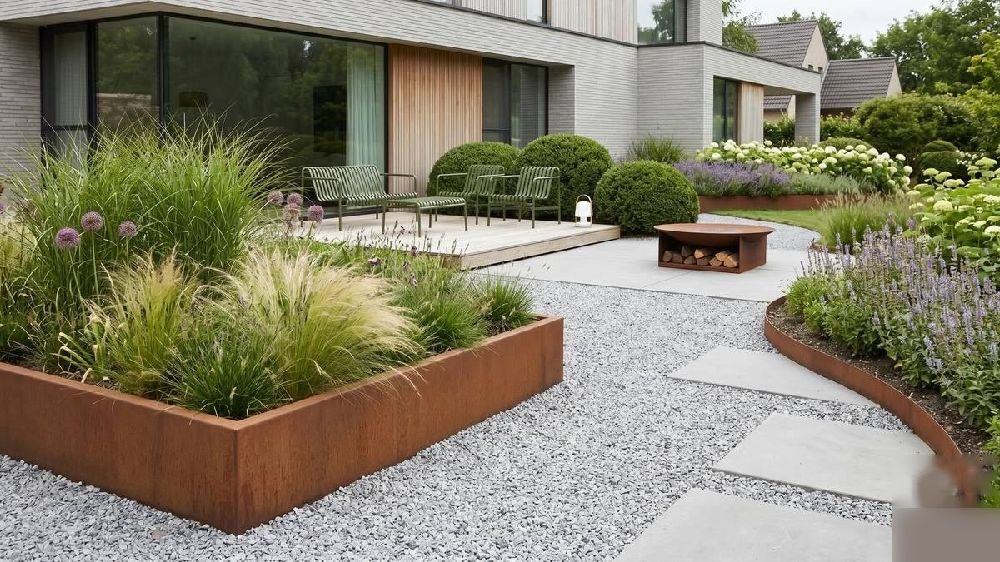 Idées aménagement jardin avec acier corten : bordures, jardinière et brasero